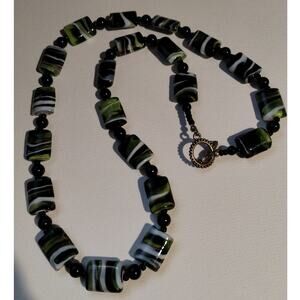 Vintage Glass Bead Green Black White Toggle Clasp Chunky Necklace